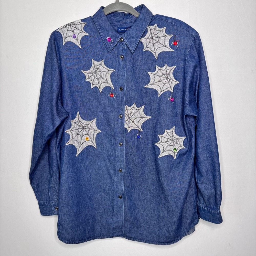 Vintage Spider Web Denim Shirt Womens Size L Halloween‎ Jewel Embellished Spooky
